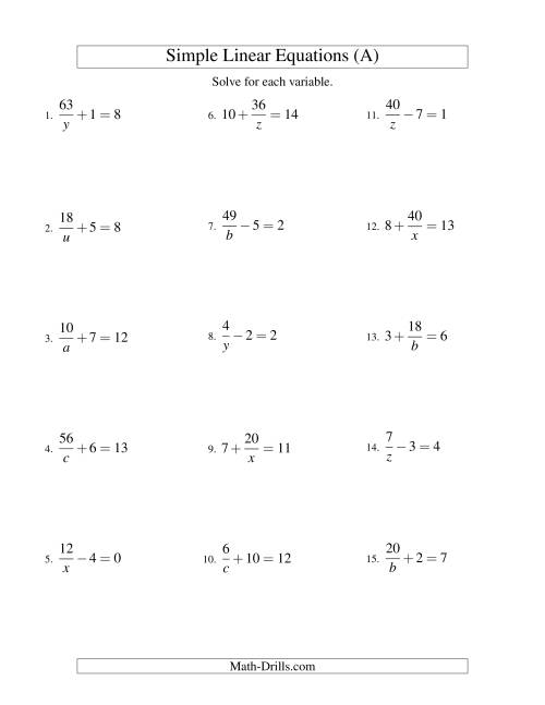 Solving Linear Equations -- Form a/x ± b = c (A)