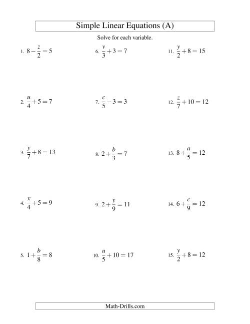 Solving Linear Equations -- Form x/a ± b = c (A)