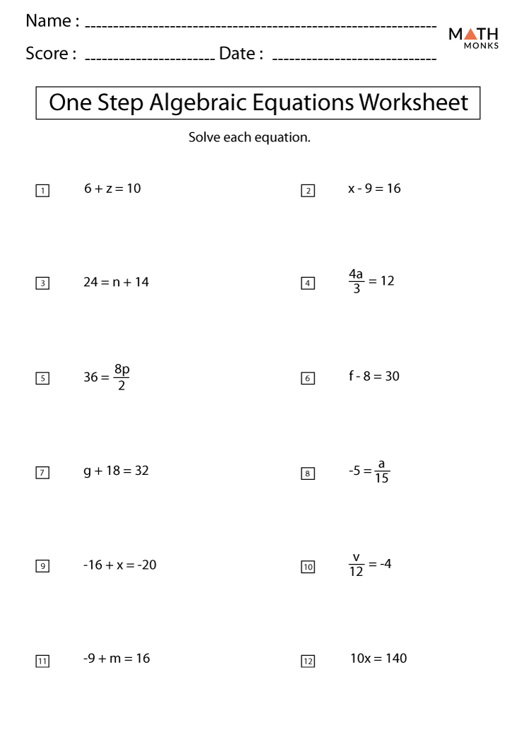 One Step Equations Worksheets - Math Monks