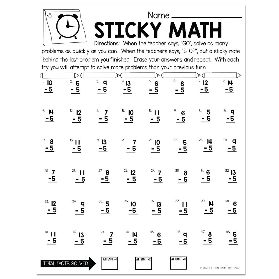 More Sticky Math Fact Practice - Subtraction -5 - Version 2 ...