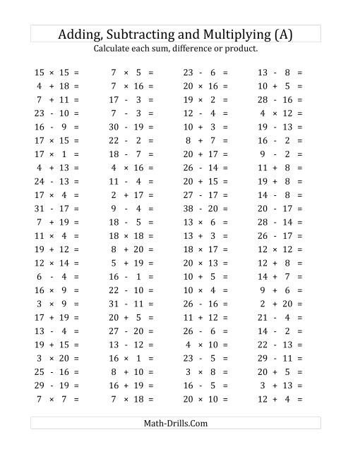 100 Horizontal Addition/Subtraction/Multiplication Questions ...
