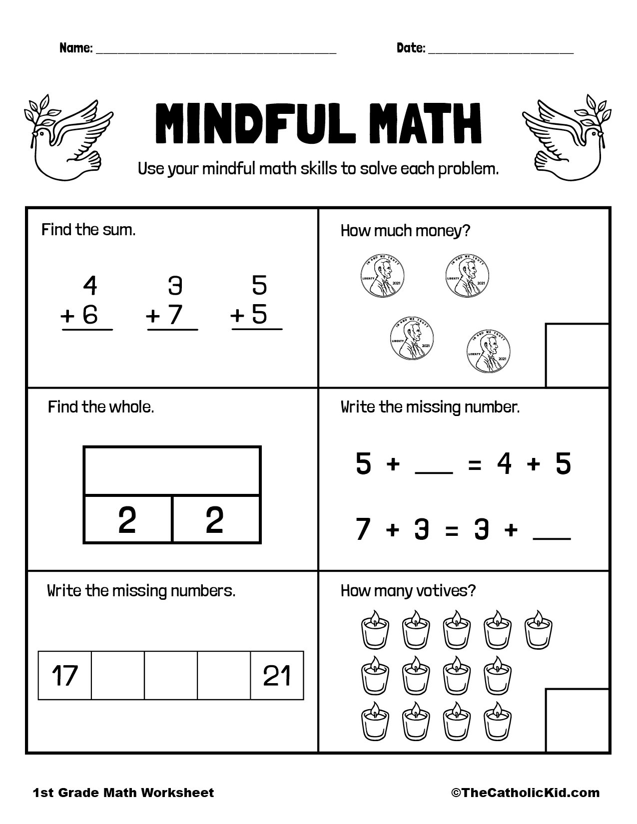 Mental Math Review - 1st Grade Math Worksheet Catholic ...