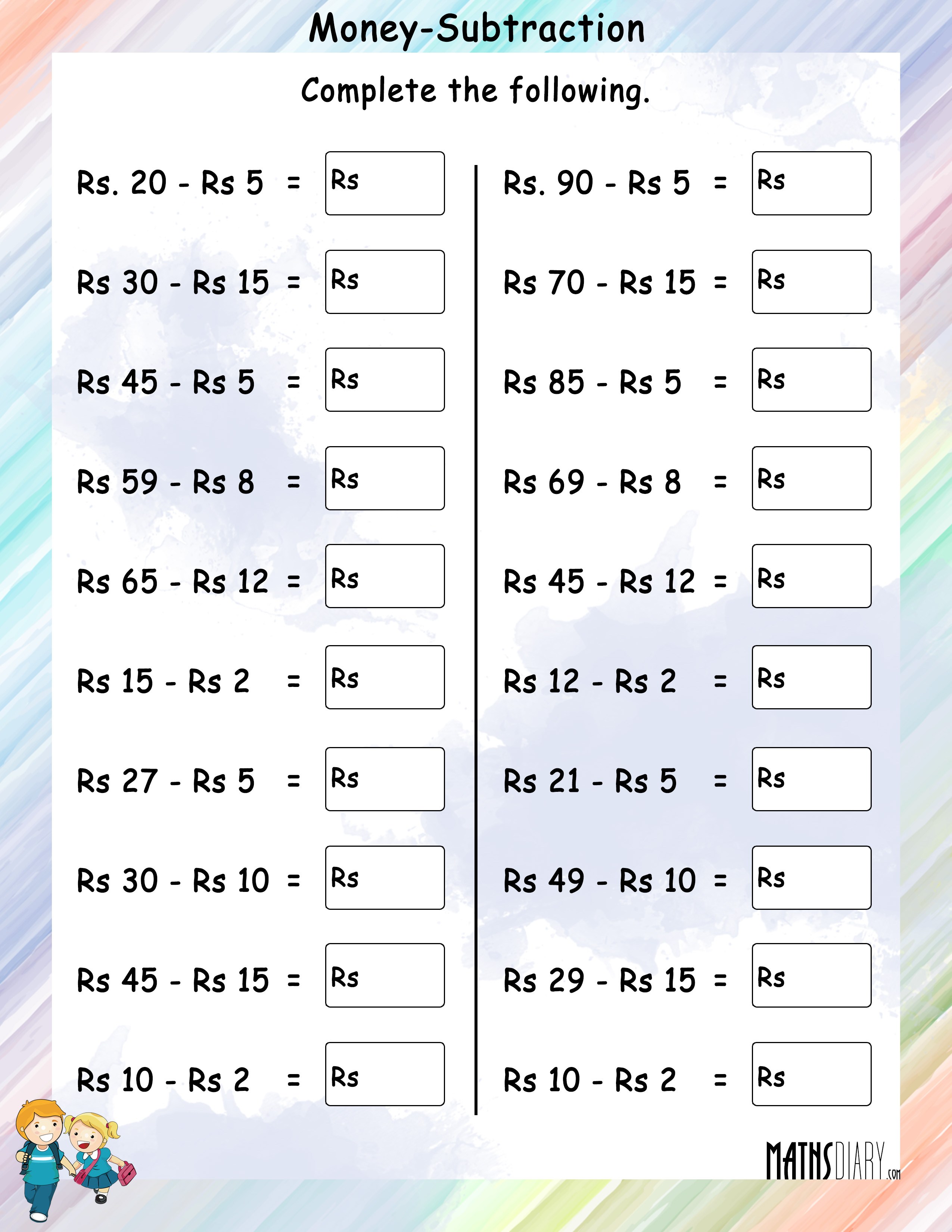 Money Subtraction - Math Worksheets - MathsDiary.com