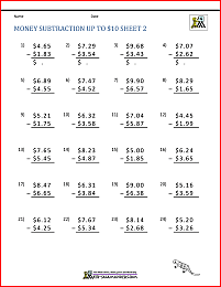Money Subtraction Worksheet page