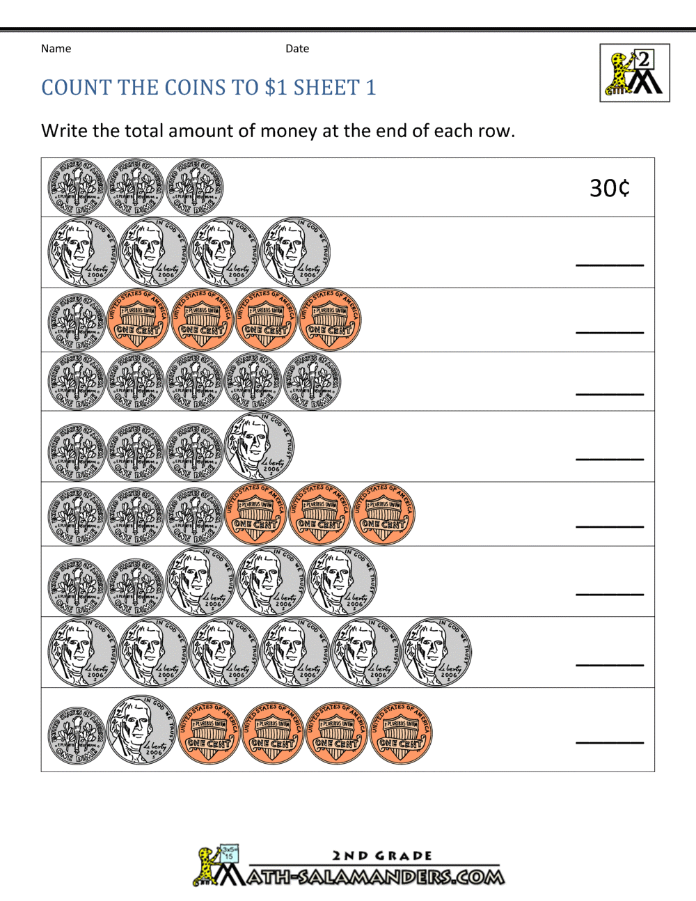 Counting Money Worksheets up to $1