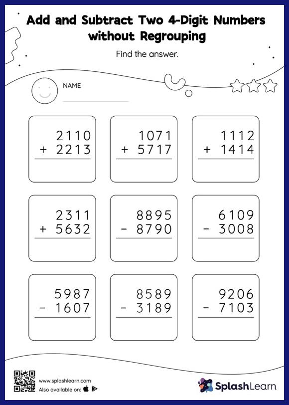 Add and Subtract Two 4-Digit Numbers without Regrouping: Vertical ...