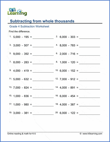Grade 4 Subtraction Worksheets - free &amp; printable | K5 Learning