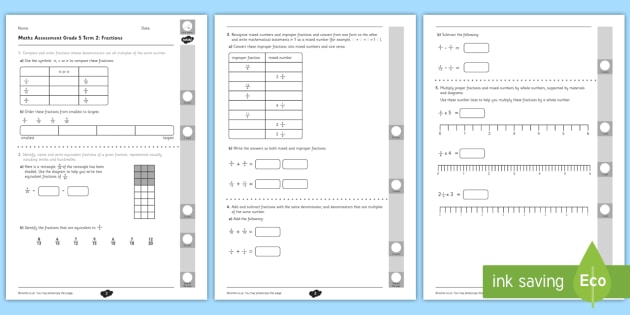 Grade 5 Fractions Term 2 Test (teacher made) - Twinkl