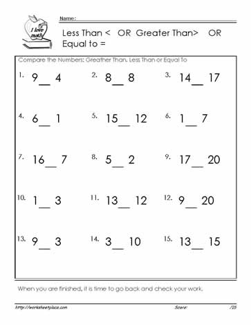 Greater Than Less Than to 20 Worksheets