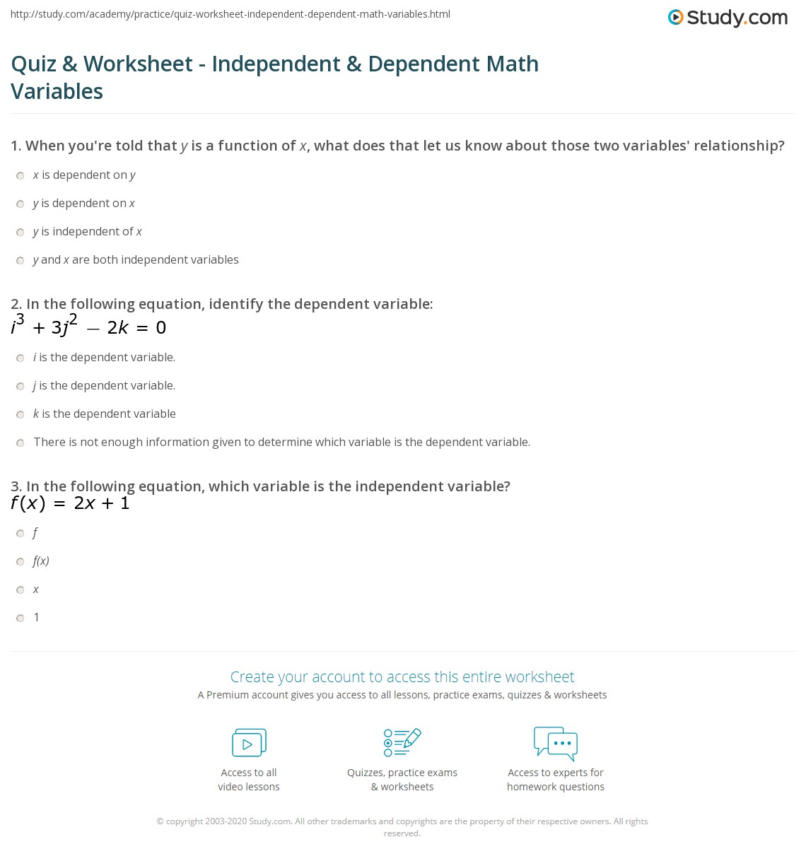 math independent and dependent variables worksheet