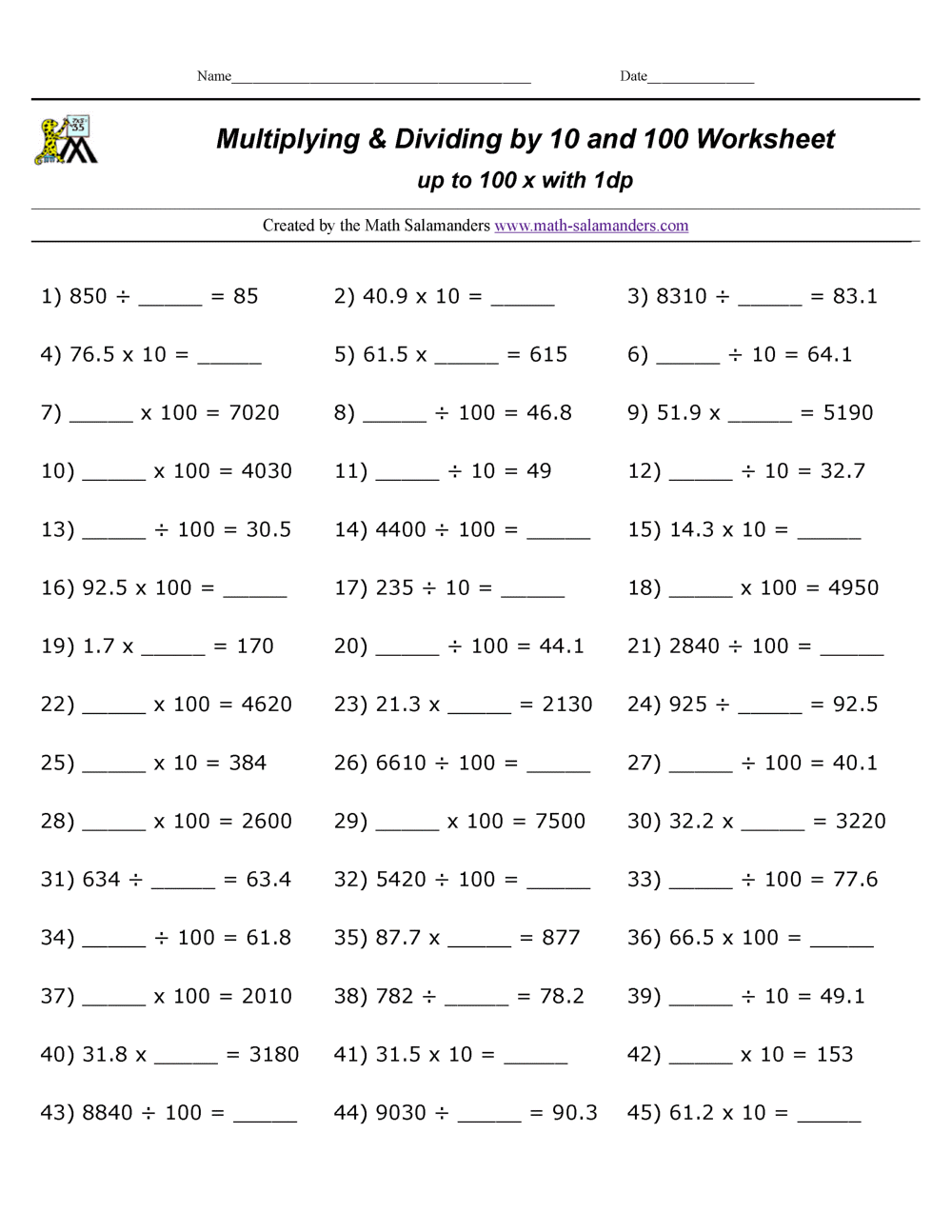 Multiply and Divide by 10 100