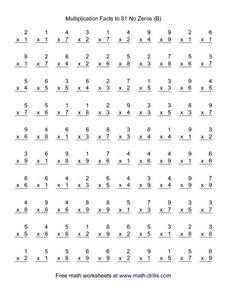 Multiplication Facts to 81 No Zeros (B) Worksheet for 3rd - 4th ...