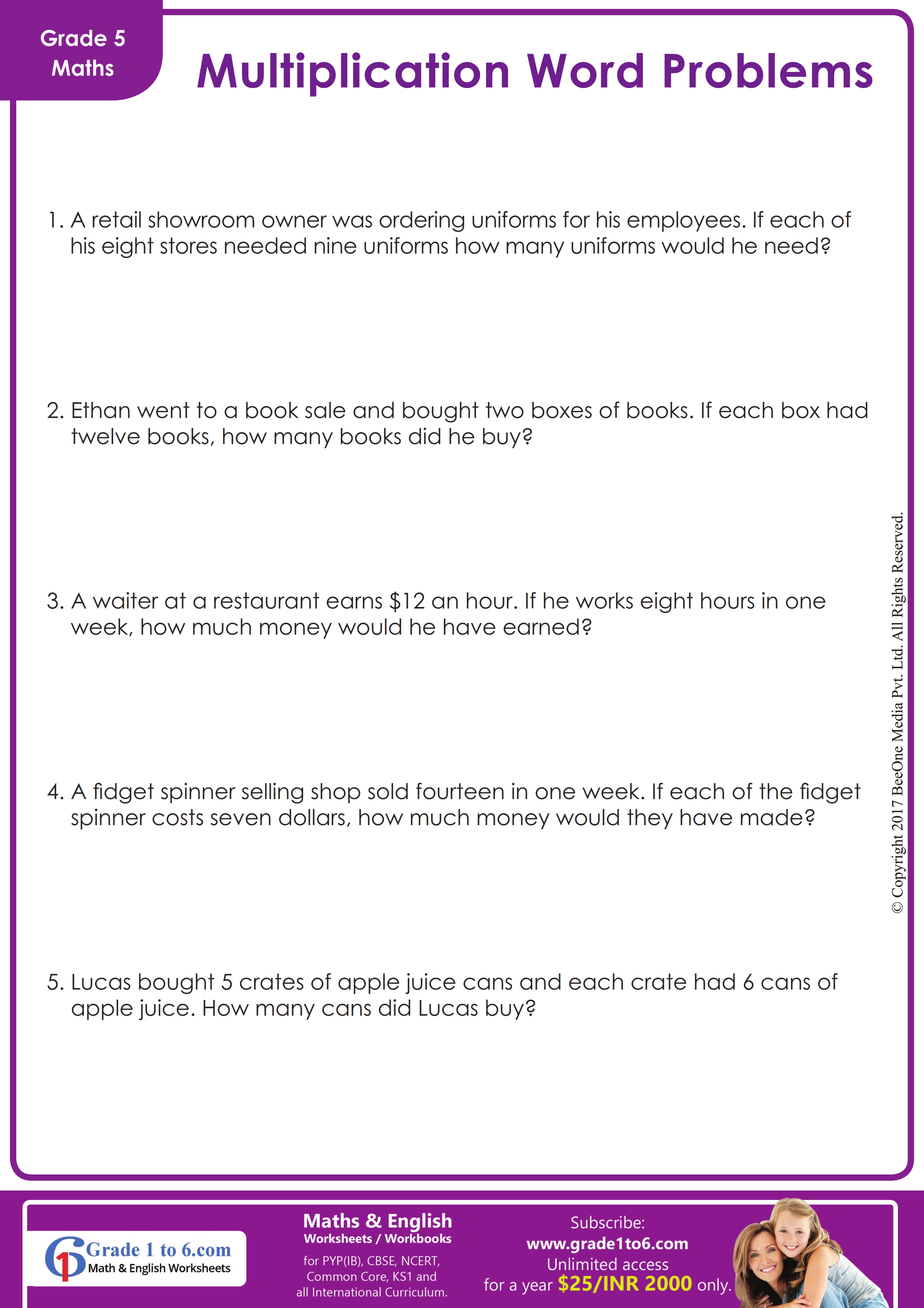 Multiplication Word Problems Math Worksheets SplashLearn