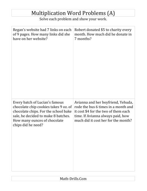Single-Step Multiplication Word Problems up to 10 x 10 (A)