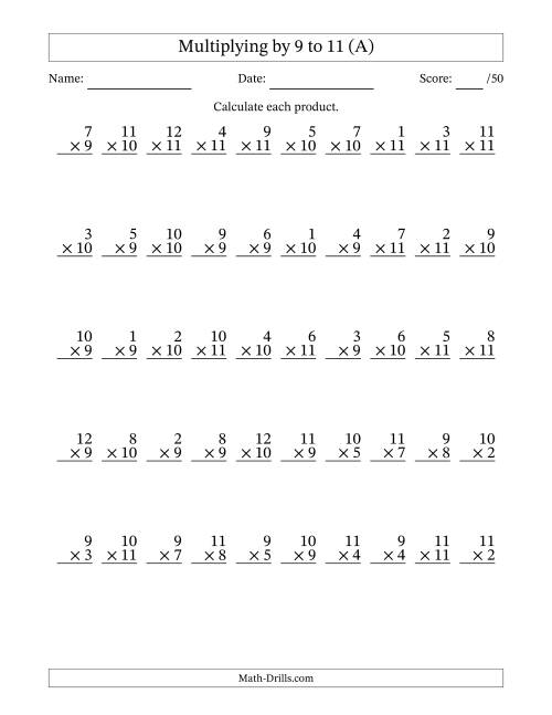 Multiplying (1 to 12) by 9 to 11 (50 Questions) (A)