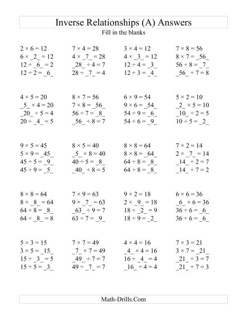 Inverse Relationships -- Multiplication and Division All Inverse ...