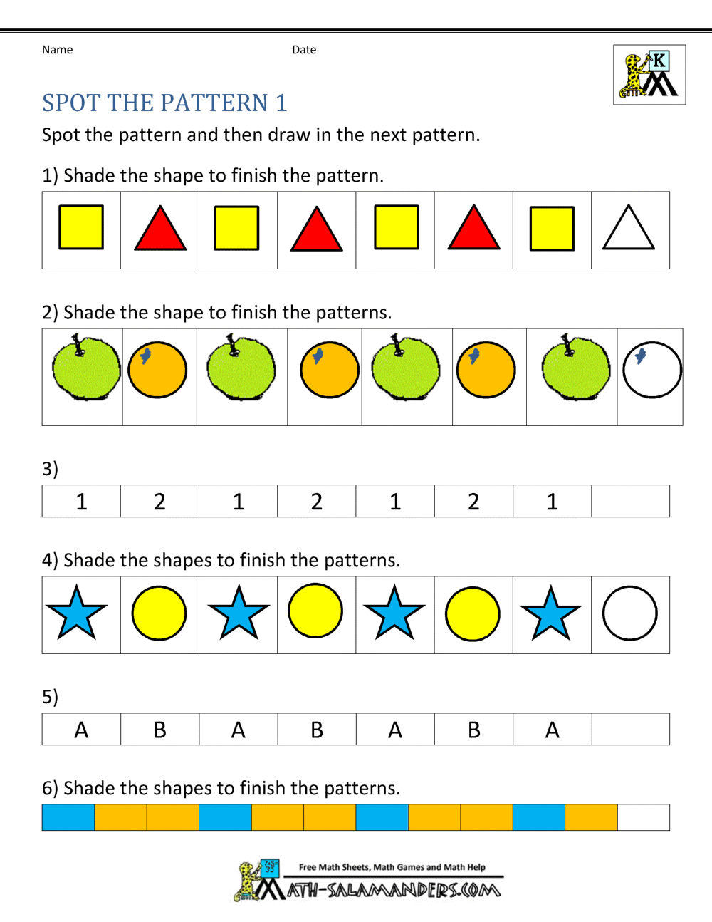 math pattern worksheet for kindergarten