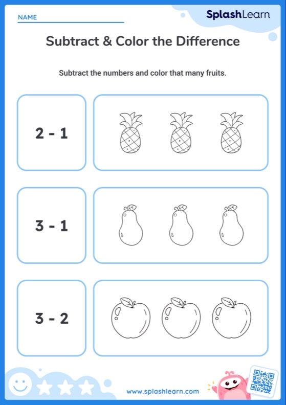 Subtract and Color Fruits (Within 3) — Printable Math Worksheet