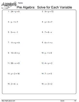 Pre Algebra Worksheets on Isolating Variable