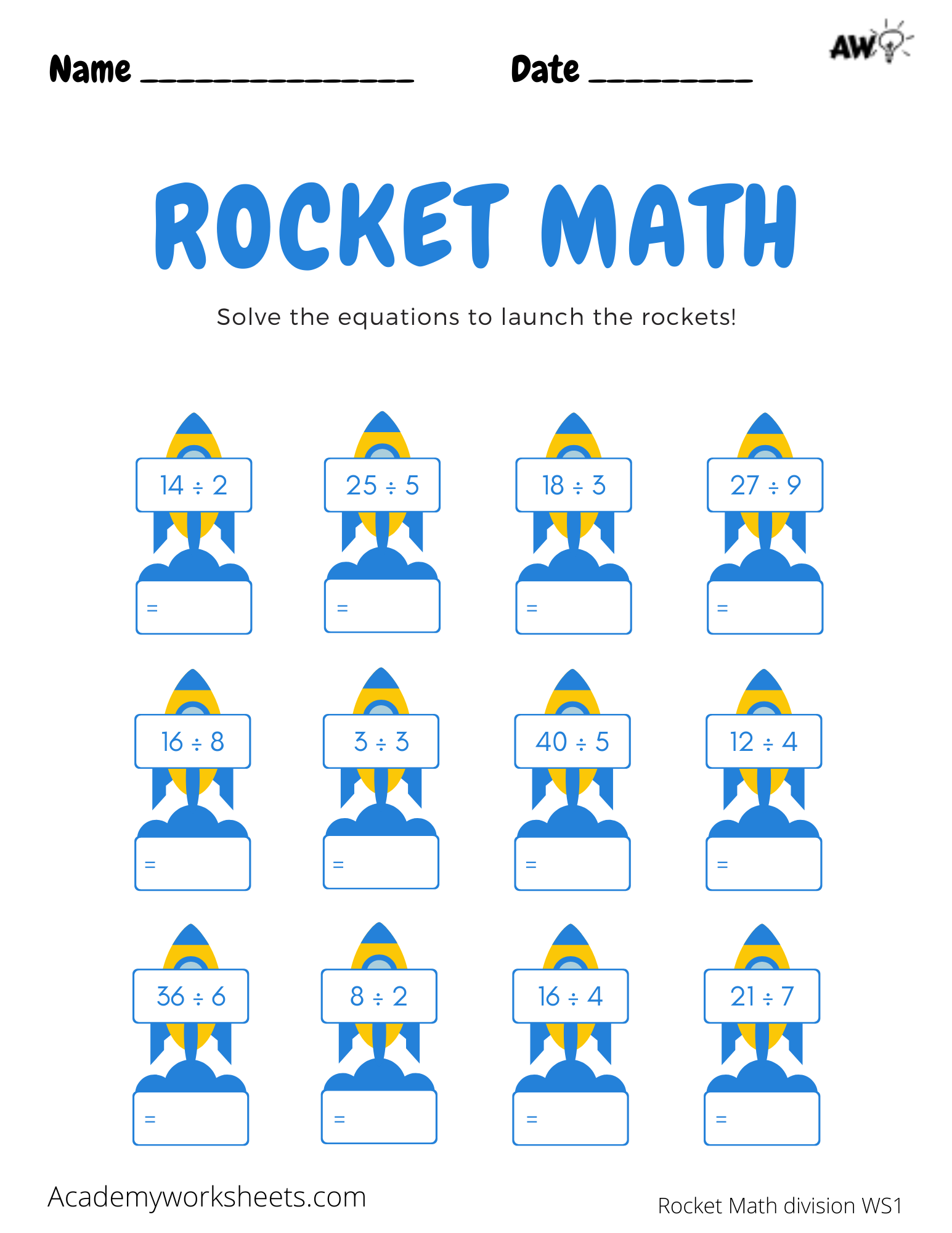 Rocket Math - Worksheets Division - Academy Worksheets