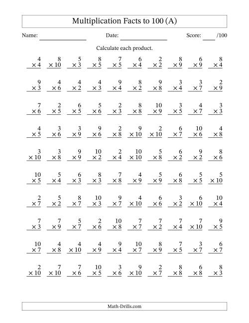 Multiplication Facts to 100 (100 Questions) (No Zeros or Ones) (A)
