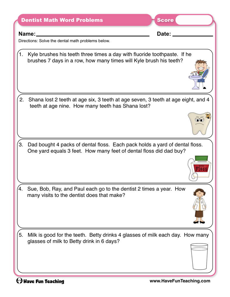 Dental Math Word Problems Worksheet