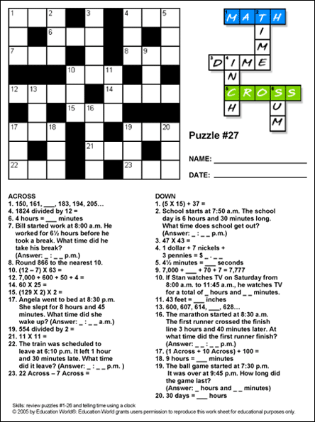 Math Cross Puzzle: Puzzle #27 | Education World