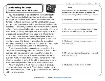 Evaluating in Math | 3rd Grade Reading Comprehension Worksheet