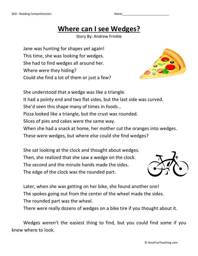 Reading Comprehension Worksheet - Where Can I See Wedges?