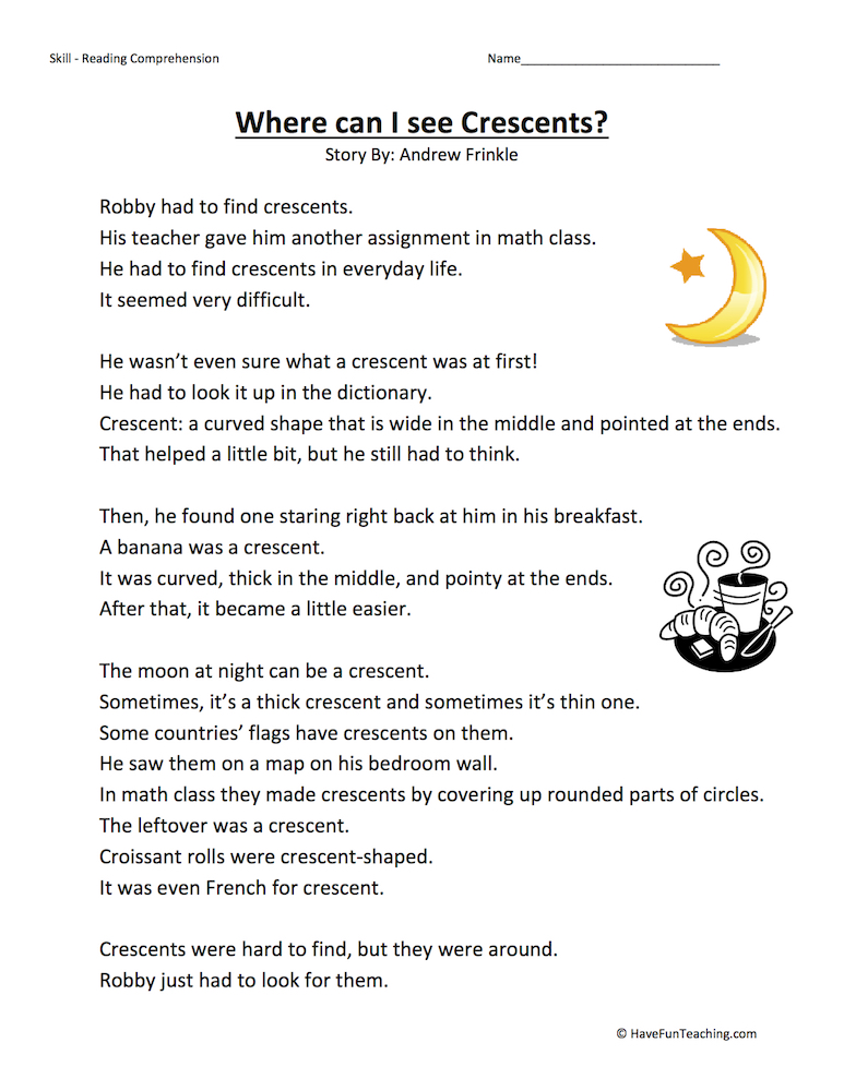 Where Can I See Crescents? Reading Comprehension Worksheet - Have ...