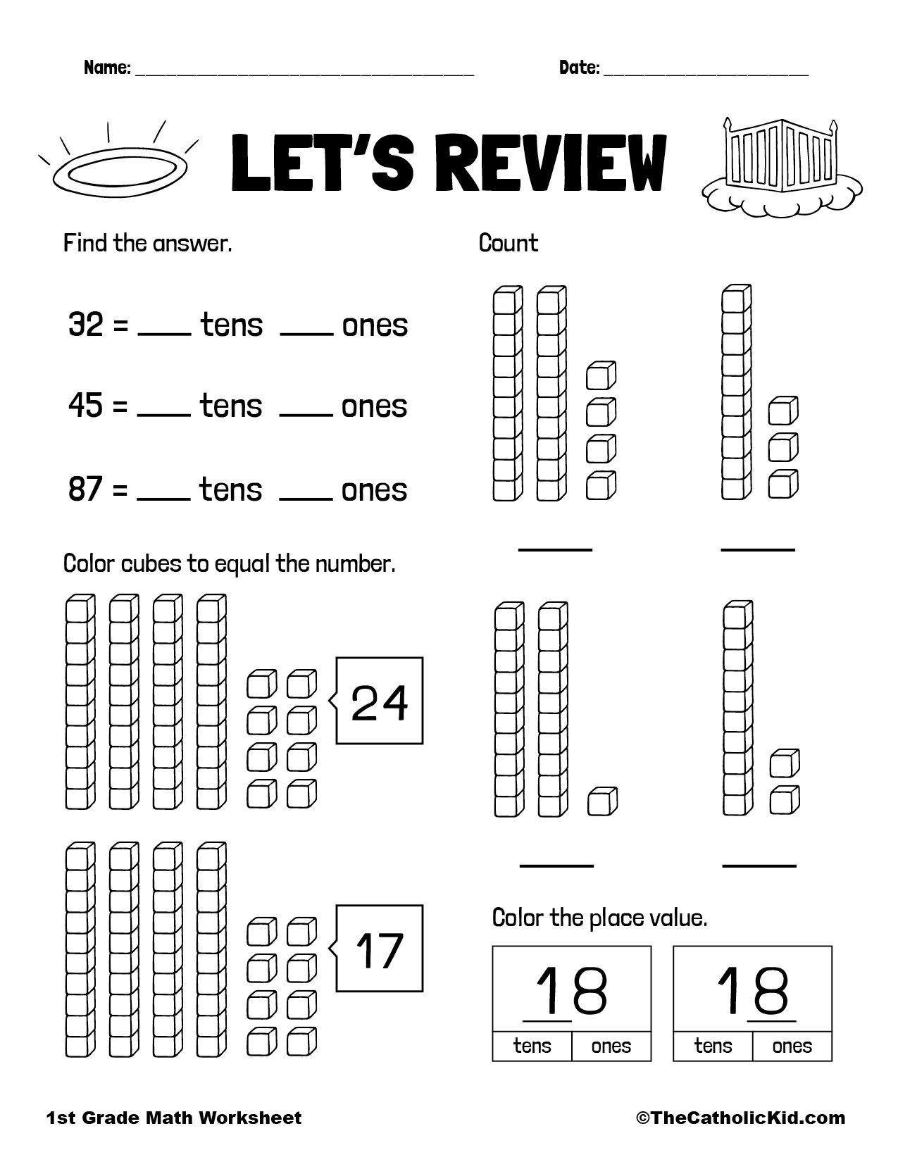 1st Grade Math Review Worksheet - TheCatholicKid.com