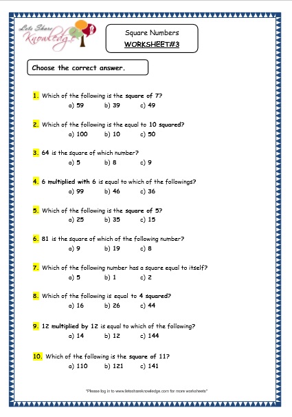 Grade 4 Maths Resources (1.12 Square Numbers Printable Worksheets ...