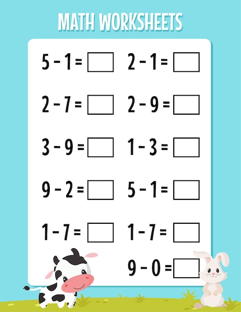 Premium Vector | Math subtraction worksheet for kindergarten