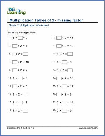 Grade 2 Math Worksheet - Multiplication tables of 2 - missing ...