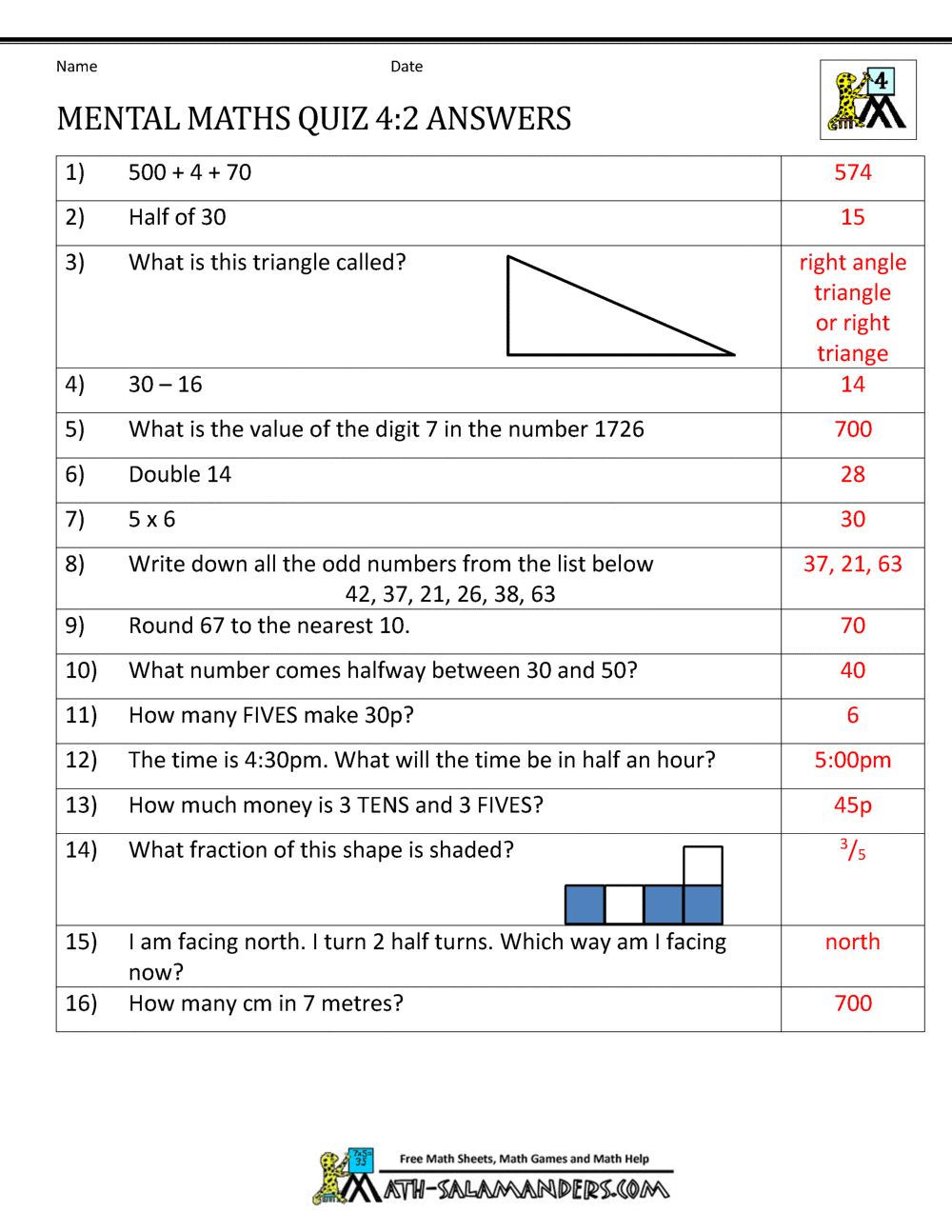 Mental Maths Test Year 4 Worksheets
