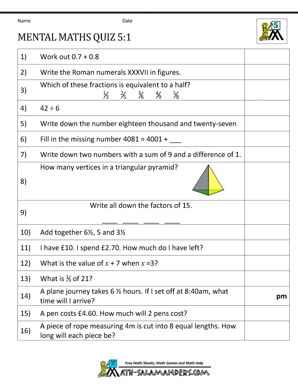 math test sheets