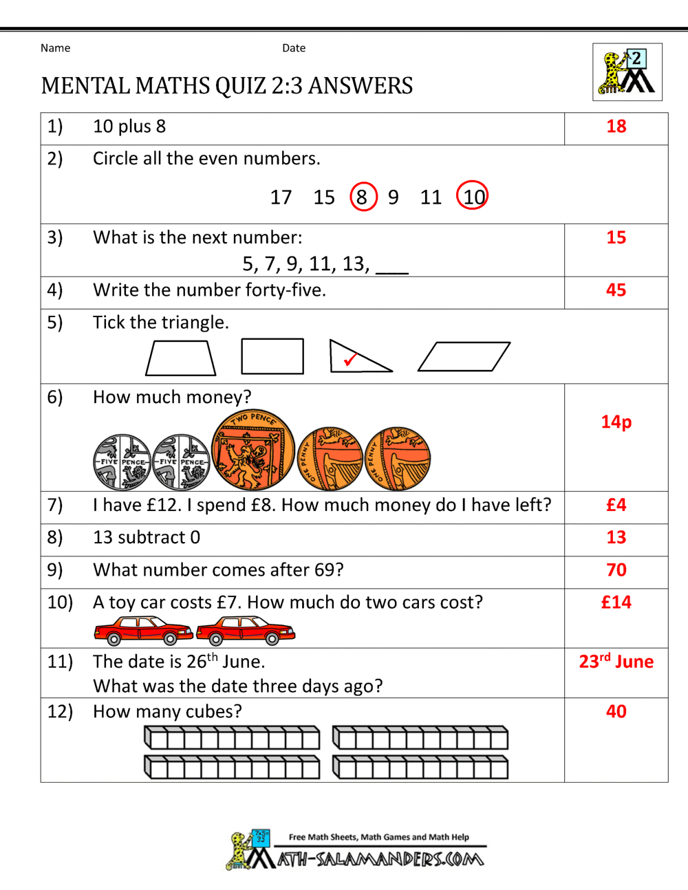 math test worksheet to print