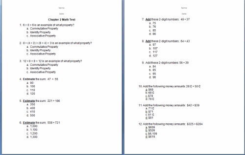 2nd / 3rd Grade Math Skills Test Printable Worksheet with Answer ...