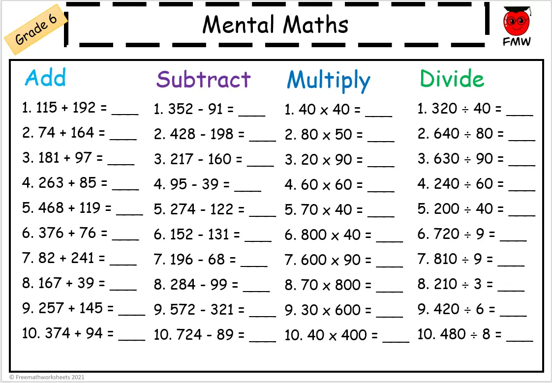 Grade 6 Mental Math Worksheets | Free Printables