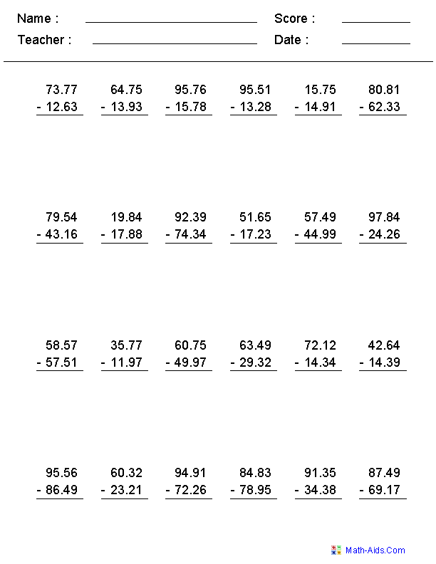 Decimals Worksheets | Dynamically Created Decimal Worksheets