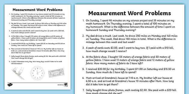 Measurement Word Problems Activity Sheet (teacher made)