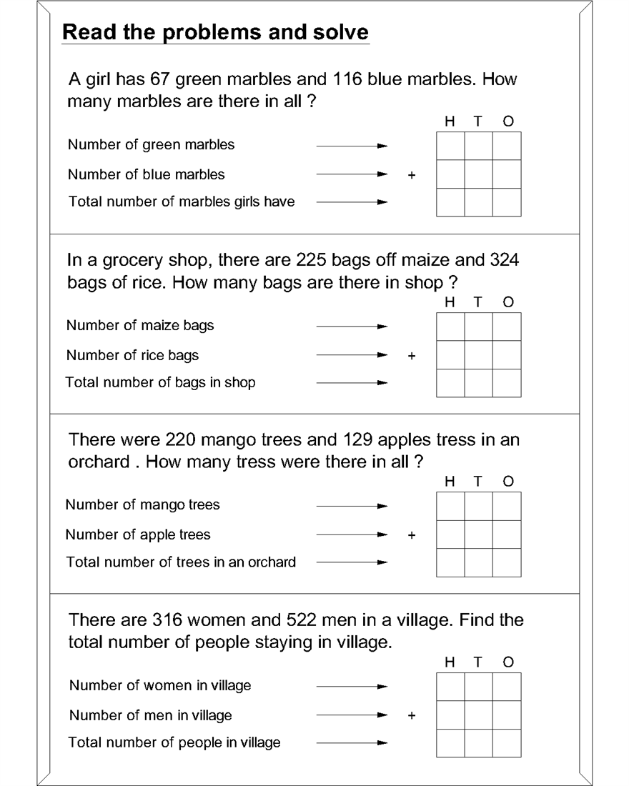 Math Worksheet for Addition Word Problems