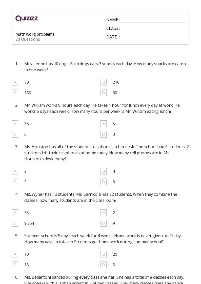 50+ Math Word Problems worksheets for 4th Grade on Quizizz | Free ...