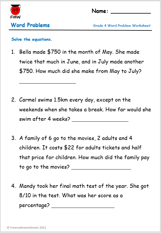 Free math word problems worksheet 4th grade Download Free math word