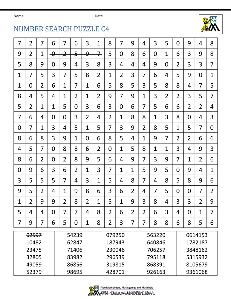 Number Search Worksheets