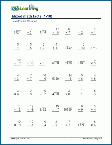Mixed math facts (4 operations, 1-10) worksheets | Worsheets library