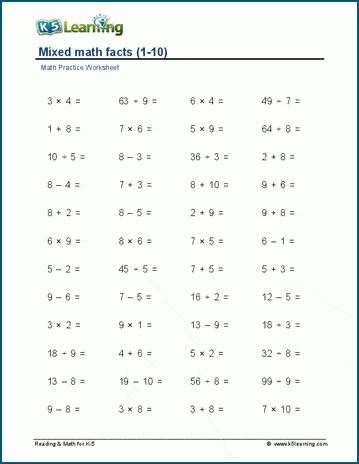 Mixed math facts (horizontal, 1-10) worksheets | Worsheets library