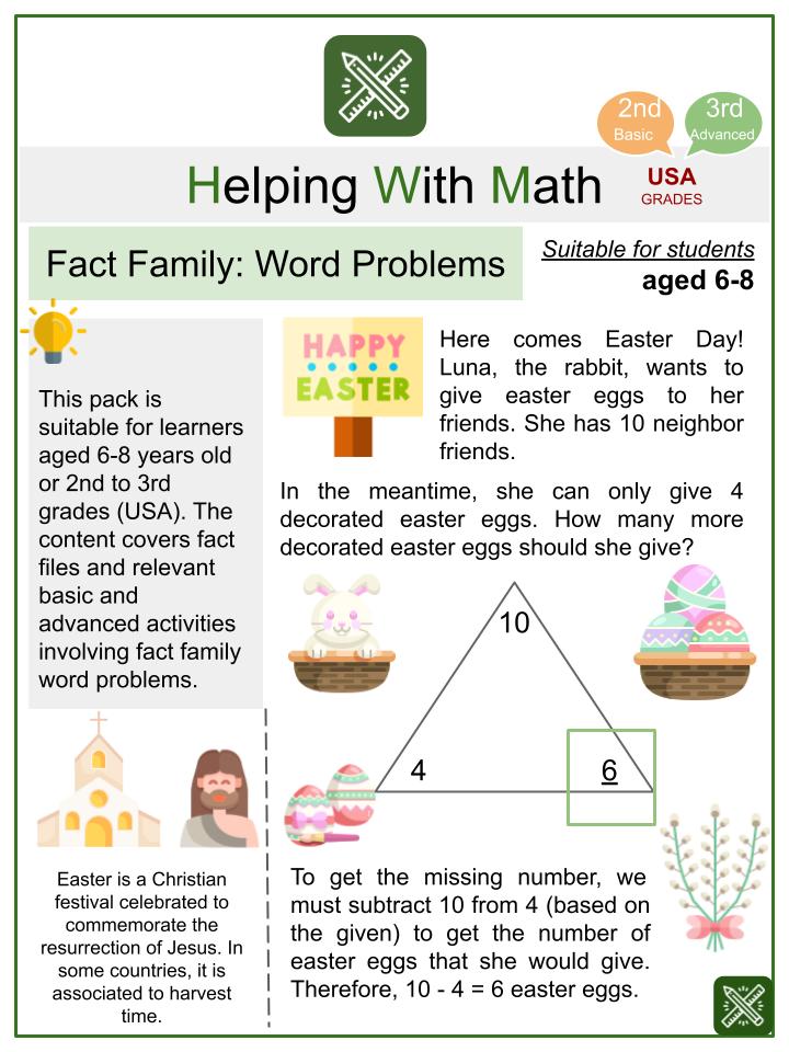 Fact Family: Word Problems Easter Themed Math Worksheets | Age 6-8