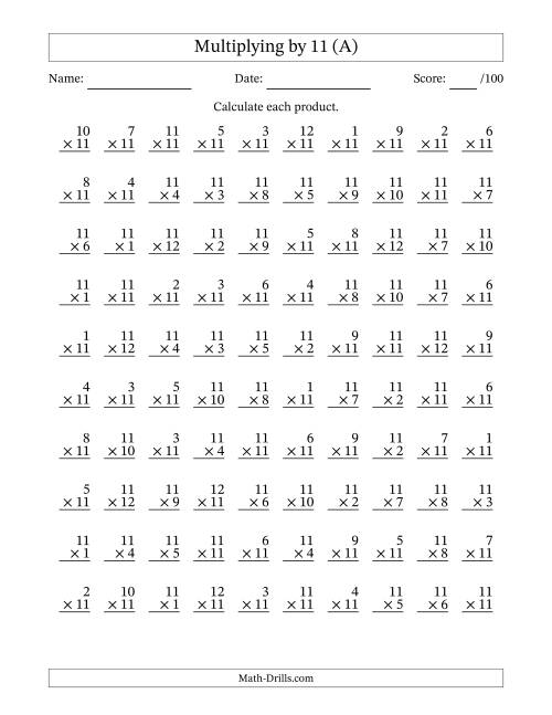 Multiplying (1 to 12) by 11 (100 Questions) (A)