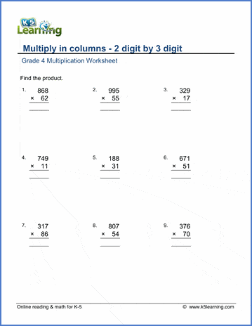 Multiply in columns: 2 by 3-digit numbers | Worsheets library